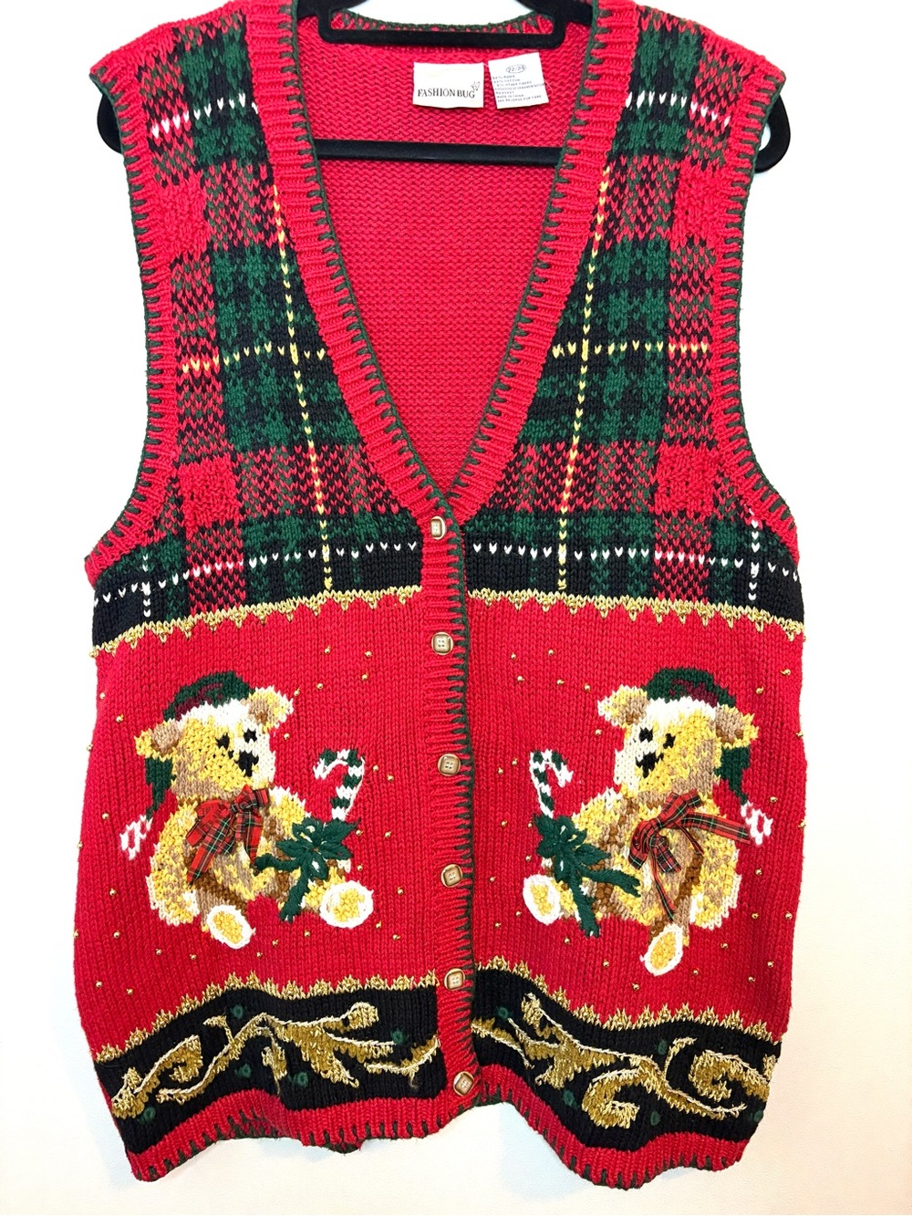 Vintage Fashion Bug Christmas Sweater Vest 22/24 Teddy Bear Tartan Beaded